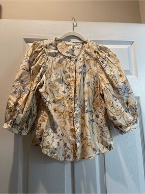 H&M Cream Floral Puff-Sleeve Button Blouse